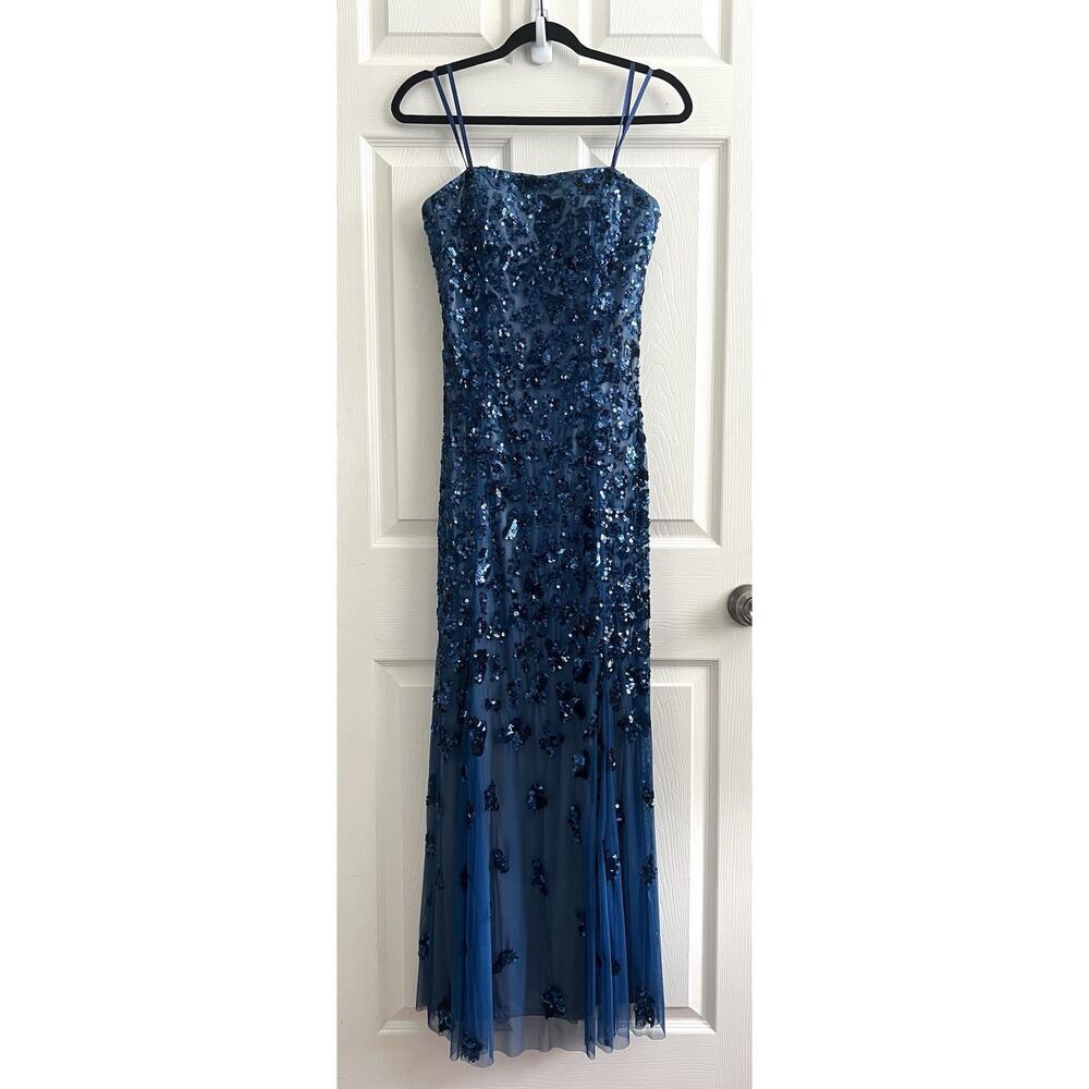 CACHE Vintage Y2K Blue Sequin Mesh Strapless Maxi Long Gown Dress